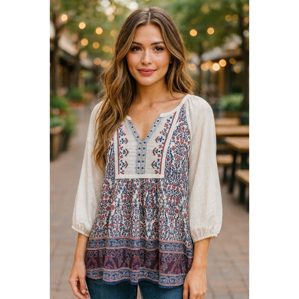 Vintage America Peasant Shirt Womens Sz L V Neck 3/4 Sleeve Boho Femme Cotton